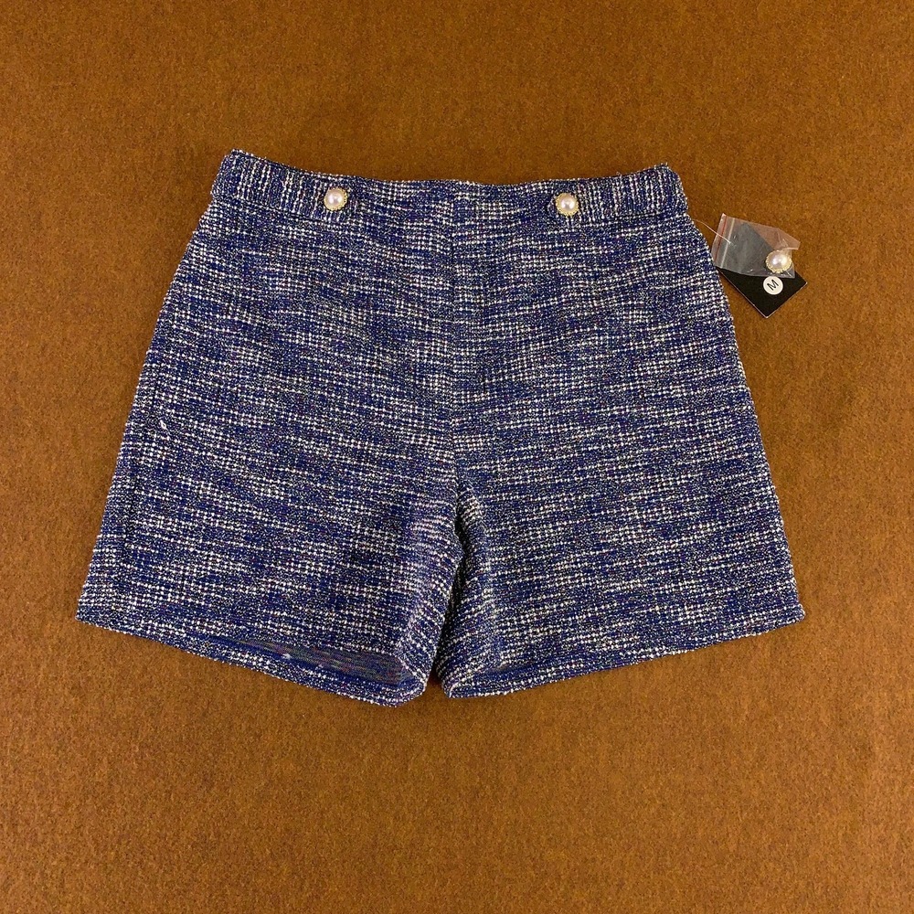 Messini Womens Medium Blue Tweed Stretch Pearl Button Details Chino Shorts NWT